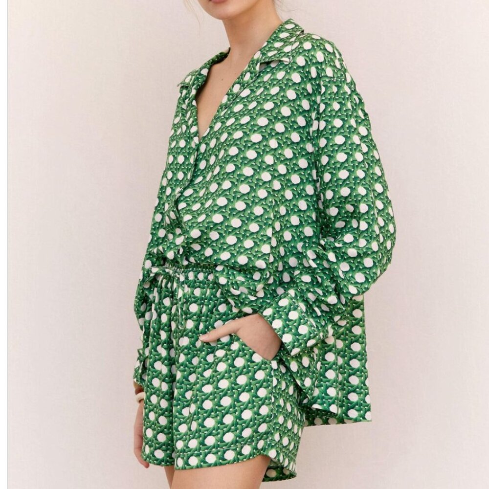 Piyama Peta Rattan Cane Green Long Sleeve Shorts Pajamas Set
